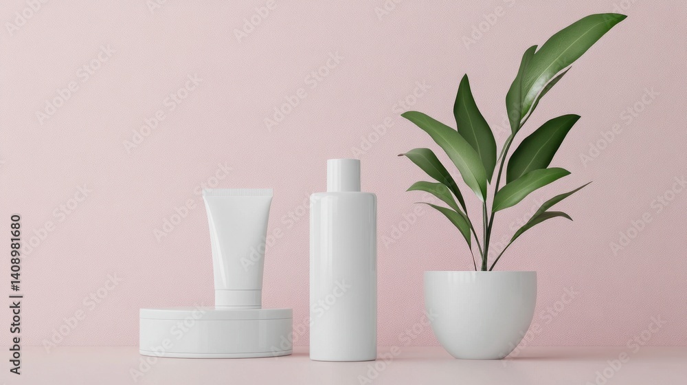 A serene minimalist still life featuring white skincare products beside a green indoor plant. This composition evokes a sense of tranquility and natural beauty. A serene minimalist still life featuring white skincare products beside a green indoor plant. This composition evokes a sense of tranquility and natural beauty.
