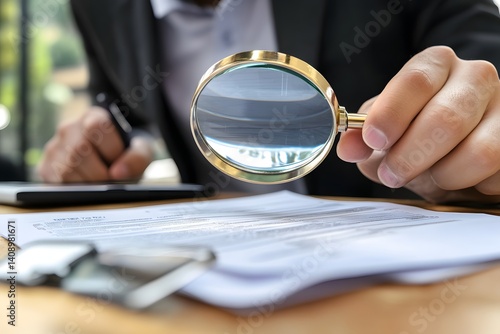 Person reviewing documents with magnifying glass