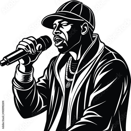 Monochrome Portrait Man with Microphone, Cap, Chain, Performing in Detailed Silhouette