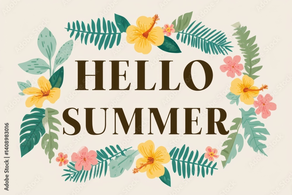 Obraz premium A vibrant flower wreath featuring the cheerful greeting Hello Summer, Hello Summer background.