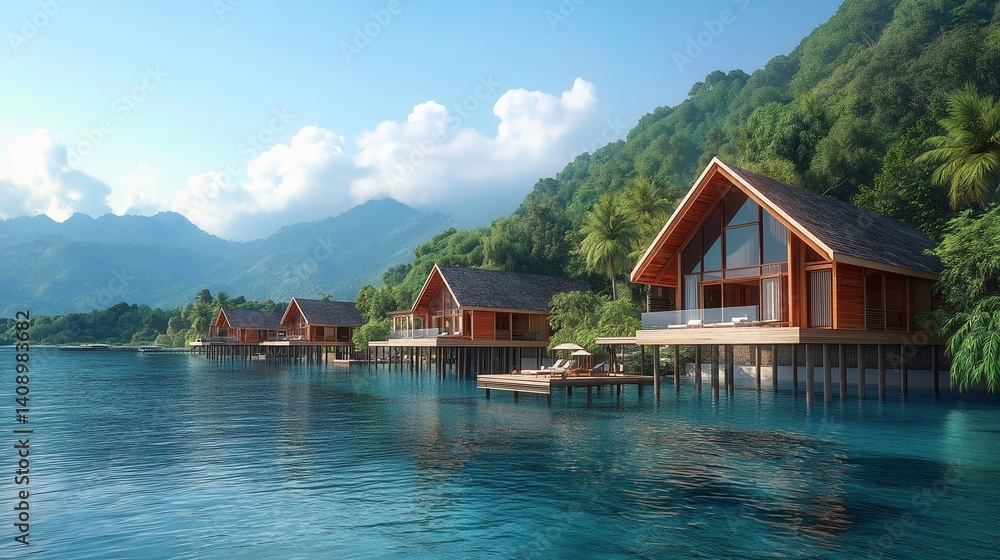 Overwater bungalows perched on stilts above clear blue waters, with lush mountains in the distance. Overwater bungalows perched on stilts above clear blue waters, with lush mountains in the distance.