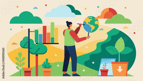 A painter incorporates data visualizations of population growth and climate change into an abstract series of landscapes.. Vector illustration