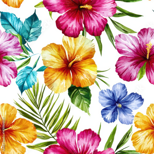 Wallpaper Mural Tropical florals in vibrant watercolor tones forming seamless summer pattern background Torontodigital.ca