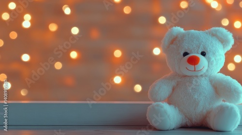 Wallpaper Mural Soft white teddy bear with an orange nose rests on a shelf, illuminated by a backdrop of warm, glowing lights creating a cozy atmosphere Torontodigital.ca