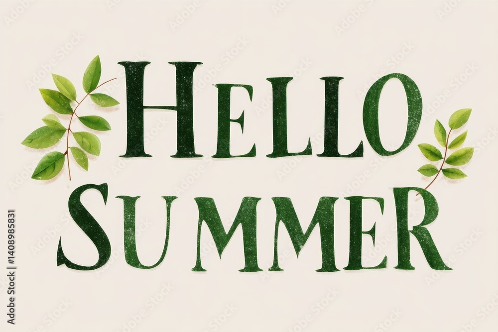 Fototapeta premium A close-up view of a green leafy sign that says Hello Summer, Hello Summer background.