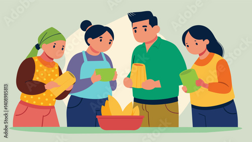 Each person takes turns checking on the tamales making sure they are perfectly cooked and ready to be devoured.. Vector illustration