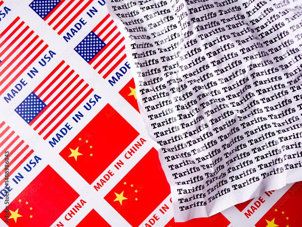 Fototapeta premium Made in USA and Made in China Seamless print on paper Sticker with Crumpled paper with words Tariffs.