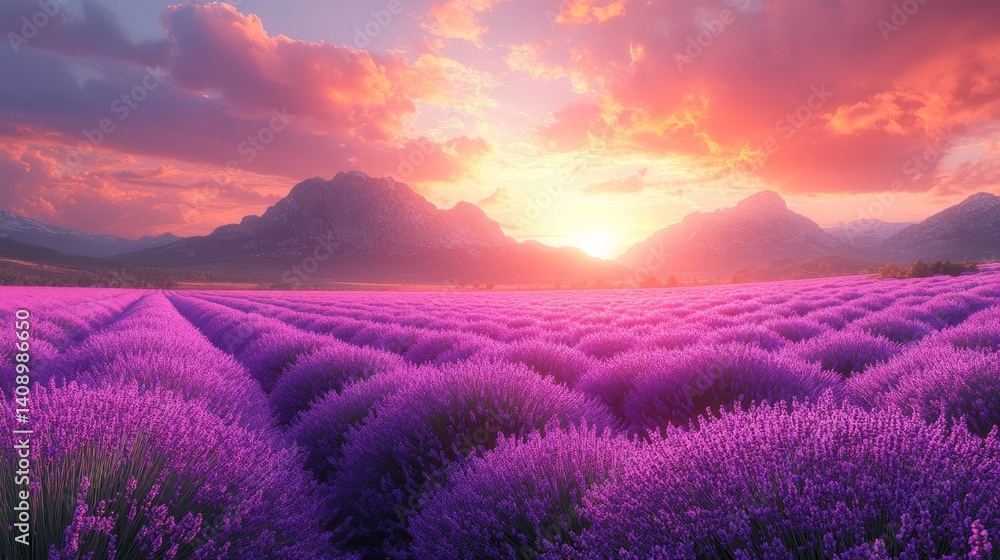 Lavender fields stretching towards a scenic sunset with colorful clouds and majestic mountains in the background Lavender fields stretching towards a scenic sunset with colorful clouds and majestic mountains in the background