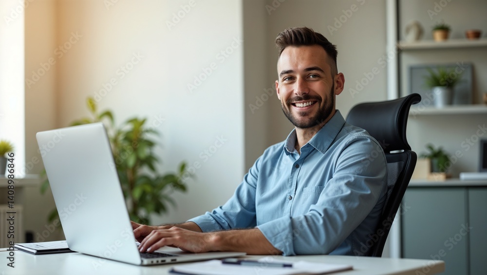 Professional Male Executive Smiling in Office Setting Professional Male Executive Smiling in Office Setting