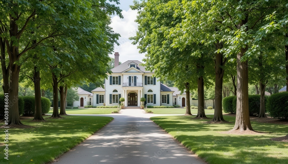 A sprawling estate featuring an elegant mansion, with a sweeping driveway lined with trees on either side, creating a tunnel of shade. A sprawling estate featuring an elegant mansion, with a sweeping driveway lined with trees on either side, creating a tunnel of shade.