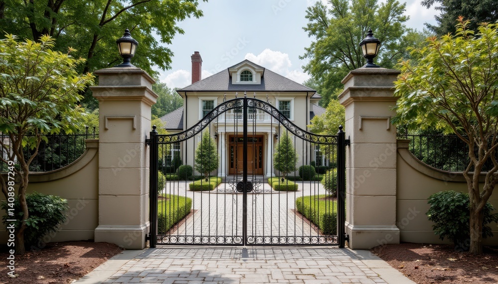 The luxurious mansion had an air of sophistication, with a sweeping driveway that led to a front gate designed like a work of art. The luxurious mansion had an air of sophistication, with a sweeping driveway that led to a front gate designed like a work of art.