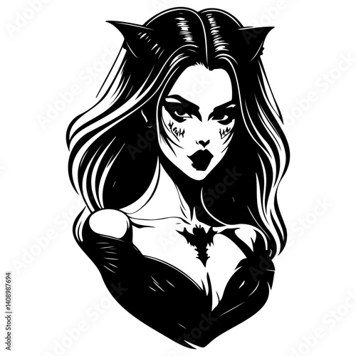 Elegant feline maiden in monochrome silhouette