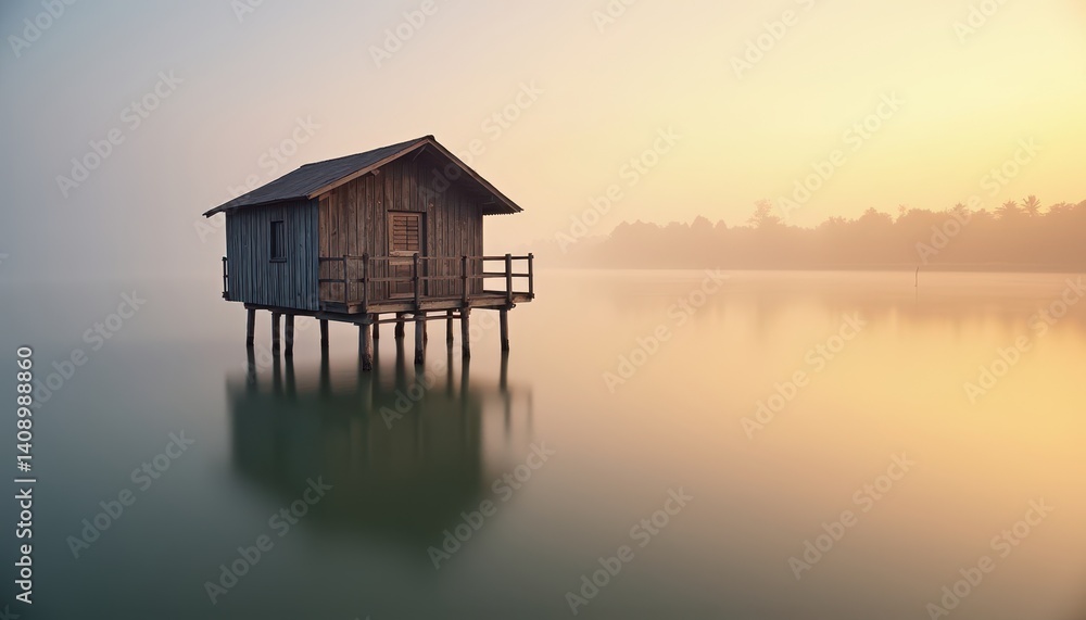 Serene Wooden House on Stilts in Calm Waters at Sunrise with Misty Background Serene Wooden House on Stilts in Calm Waters at Sunrise with Misty Background