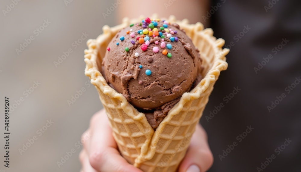 They served the ice cream in a waffle cone, with a scoop of rich chocolate flavor and rainbow sprinkles.