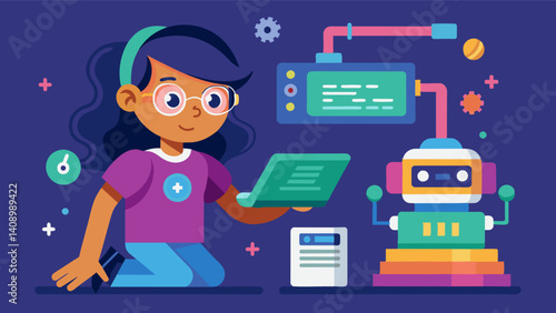 A young girl demonstrating her coding skills by commanding her robot to navigate through an obstacle course.. Vector illustration