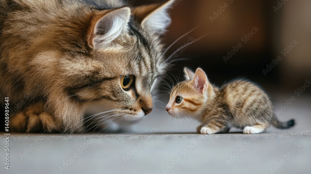 This heartwarming image captures a mother cat and her tiny kitten sharing a tender moment, showcasing their adorable expressions and strong bond. This heartwarming image captures a mother cat and her tiny kitten sharing a tender moment, showcasing their adorable expressions and strong bond.