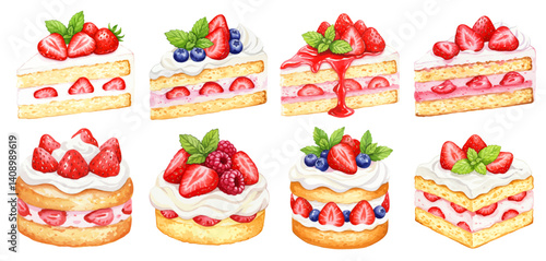 苺とブルーベリーとラズベリーのショートケーキの水彩風イラストセット ホイップ生クリームのスイーツ