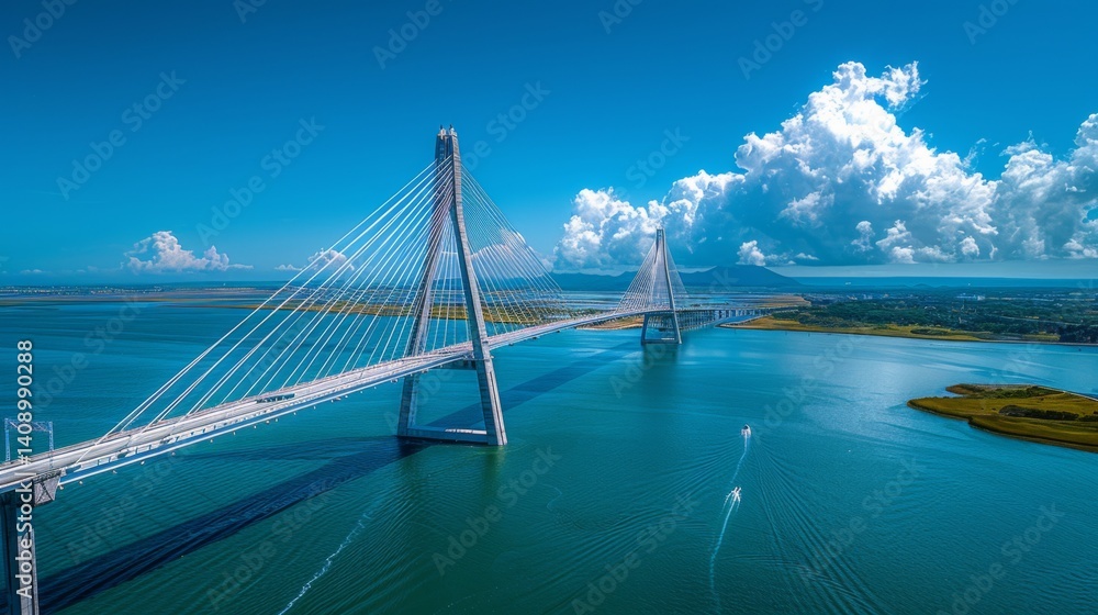 Obraz premium A multi-span cable-stayed bridge against a blue sky