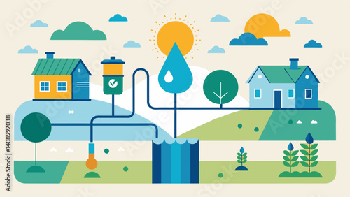 Efficient Water Usage An illustration comparing traditional flood irrigation ods with smart irrigation systems highlighting the immense watersaving potential of smart technology.. Vector illustration