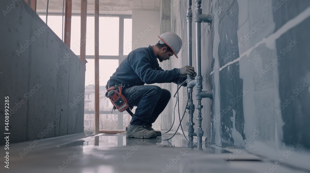 A construction worker working on the installation of a plumbing system in a new building. Featuring technical work and detail A construction worker working on the installation of a plumbing system in a new building. Featuring technical work and detail