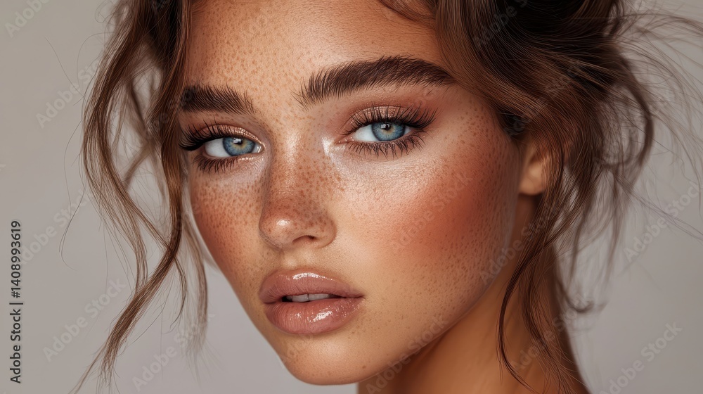Close-up of woman with freckles, fair skin, light eyes, and nude makeup look. Ideal for beauty blogs, makeup tutorials, or cosmetic product ads. Close-up of woman with freckles, fair skin, light eyes, and nude makeup look. Ideal for beauty blogs, makeup tutorials, or cosmetic product ads.
