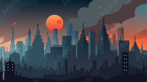 As night fell the citys lights struggled to shine through the smoggy skyline a metaphor for the dim future ahead if we do not take action against pollution.. Vector illustration