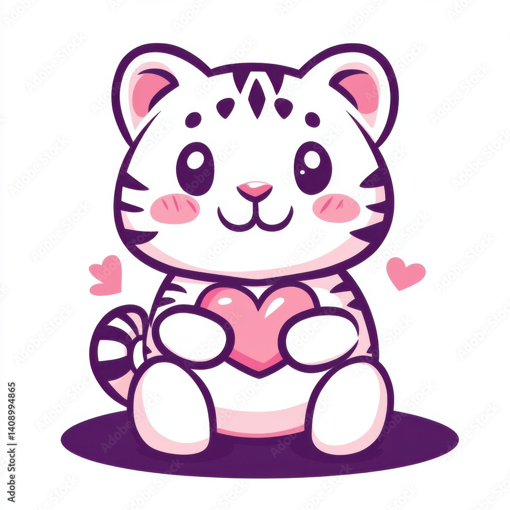 Fototapeta premium Cute cartoon baby tiger holding heart playful illustration adorable animal cheerful environment whimsical viewpoint