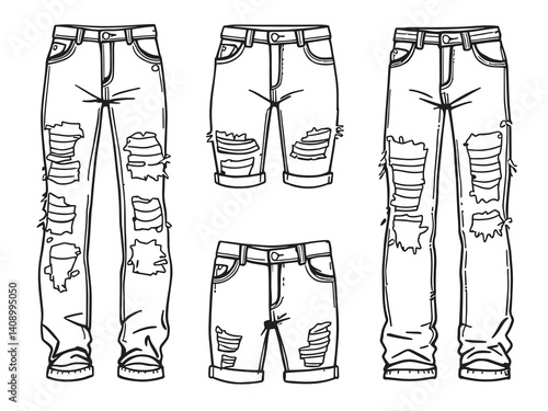 Ripped jeans line art vector illustration