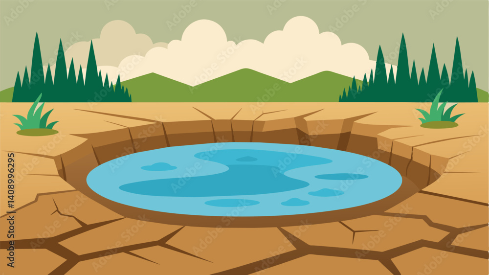The cracked mud at the bottom of the farmyard pond showed the severity of the water crisis and the desperate need for rain.. Vector illustration