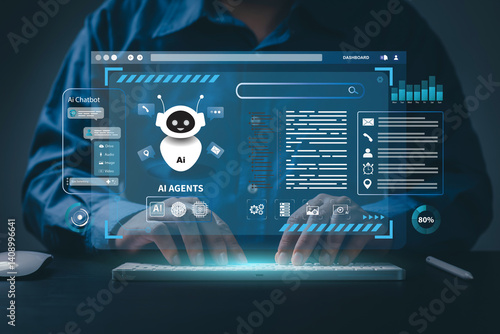 AI agent and generative artificial intelligence concept. Businessman using AI agents on screen, including chatbots, AI assistants, and data analytics tools on a laptop. LLM, Ai agentic workflows.
