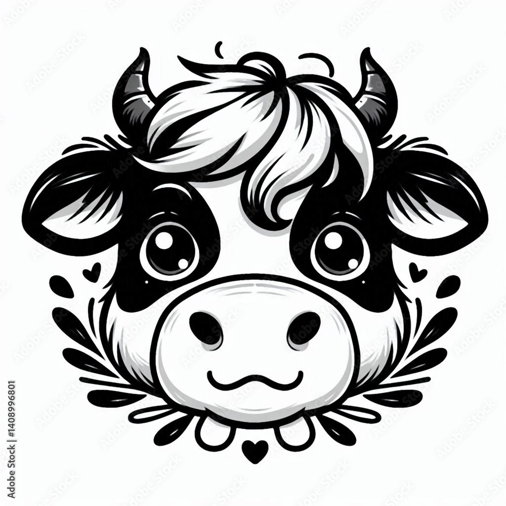 Obraz premium animal, painting, illustration, animation, image, vector of a black and white cow head that looks cute and adorable