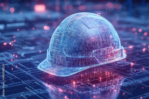 Digital Blueprint of Construction Hard Hat with Futuristic Design