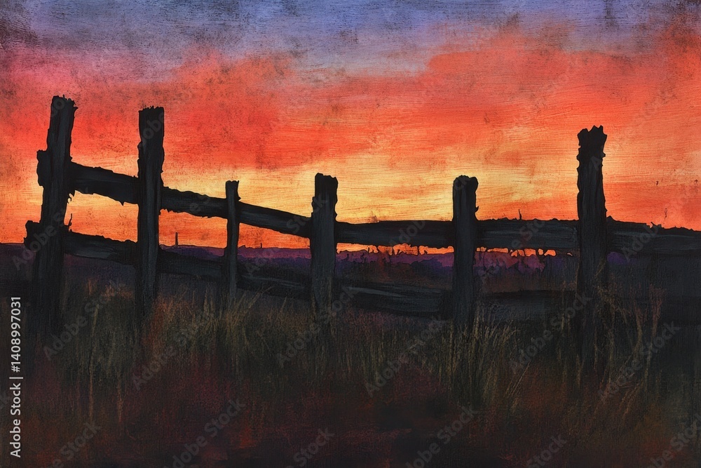 Fototapeta premium Border fence silhouettes against vibrant sunset hues in the open landscape, Border fence at sunset