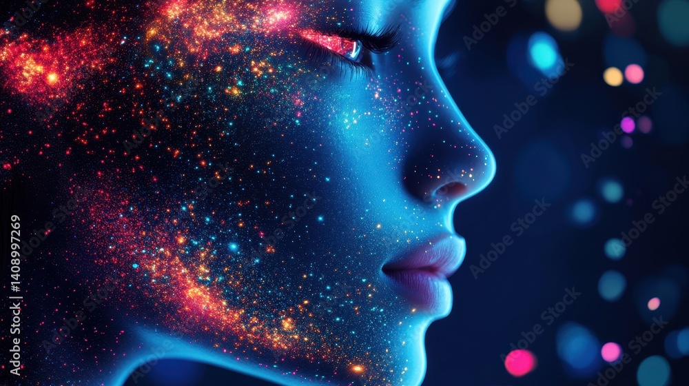 Glowing woman's profile with colorful stars, a stunning artistic design. Ideal for cosmic beauty, sci-fi, or conceptual project design needs. Glowing woman's profile with colorful stars, a stunning artistic design. Ideal for cosmic beauty, sci-fi, or conceptual project design needs.