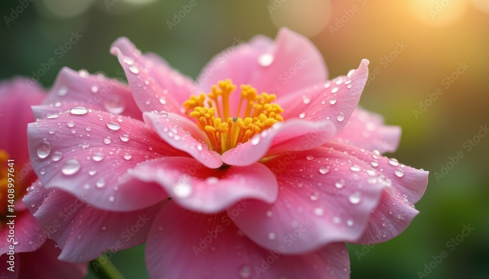 Fototapeta premium Beautiful Pink Flower with Dew Drops in Soft Light at Sunrise or Sunset