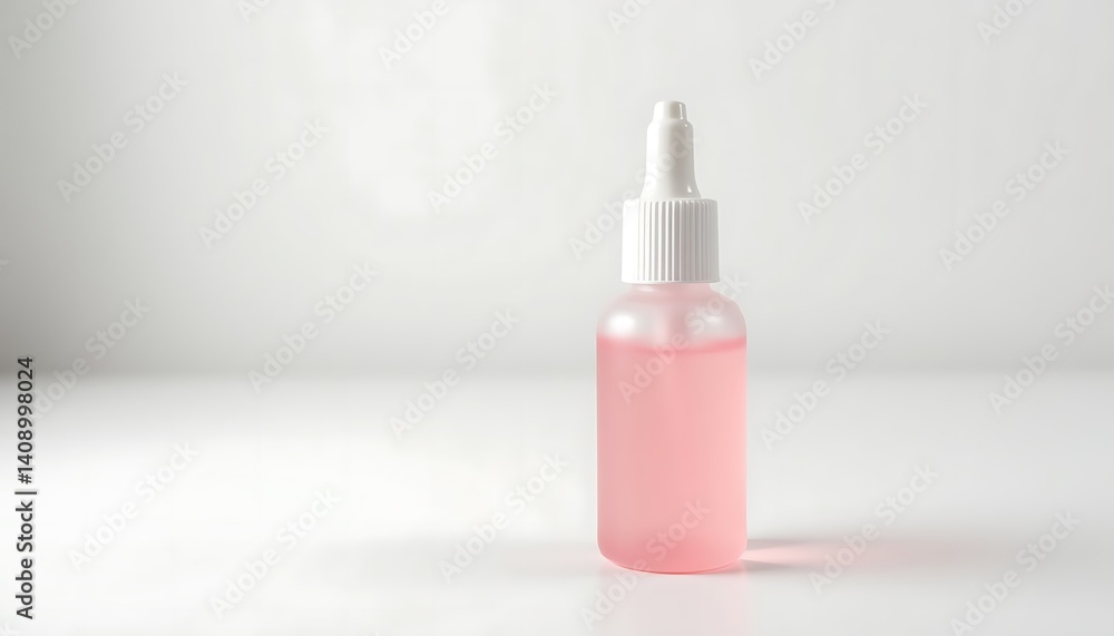 A pink liquid in a clear dropper bottle on a clean surface A pink liquid in a clear dropper bottle on a clean surface