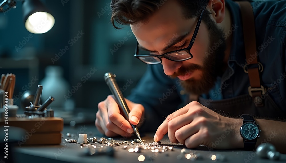A jeweler meticulously working on jewelry at his workbench, showcasing expertise and dedication A jeweler meticulously working on jewelry at his workbench, showcasing expertise and dedication
