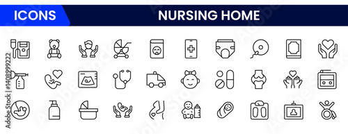 Vector illustration web line icon collection depicting nursing home symbols such as care, healthcare, elderly, support, medical, and comfort services for seniors.