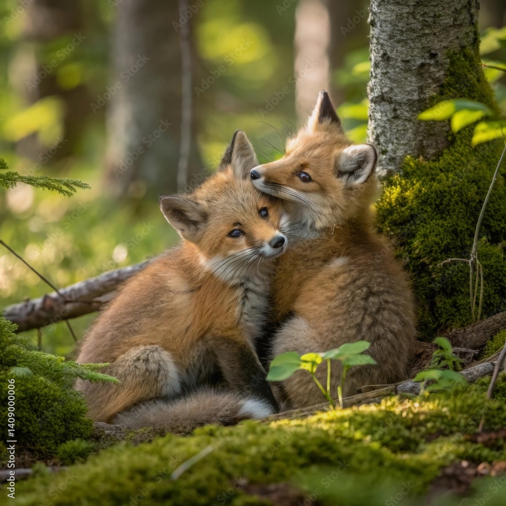 Fototapeta premium Wild cubs of red foxes cuddle in the forest