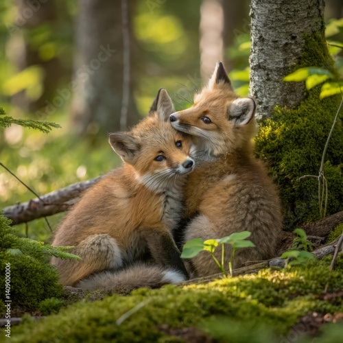 Wallpaper Mural Wild cubs of red foxes cuddle in the forest Torontodigital.ca