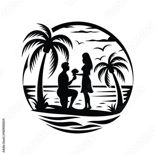 Romantic Couple Silhouette on Tropical Beach with Palm Trees and Ocean View Round