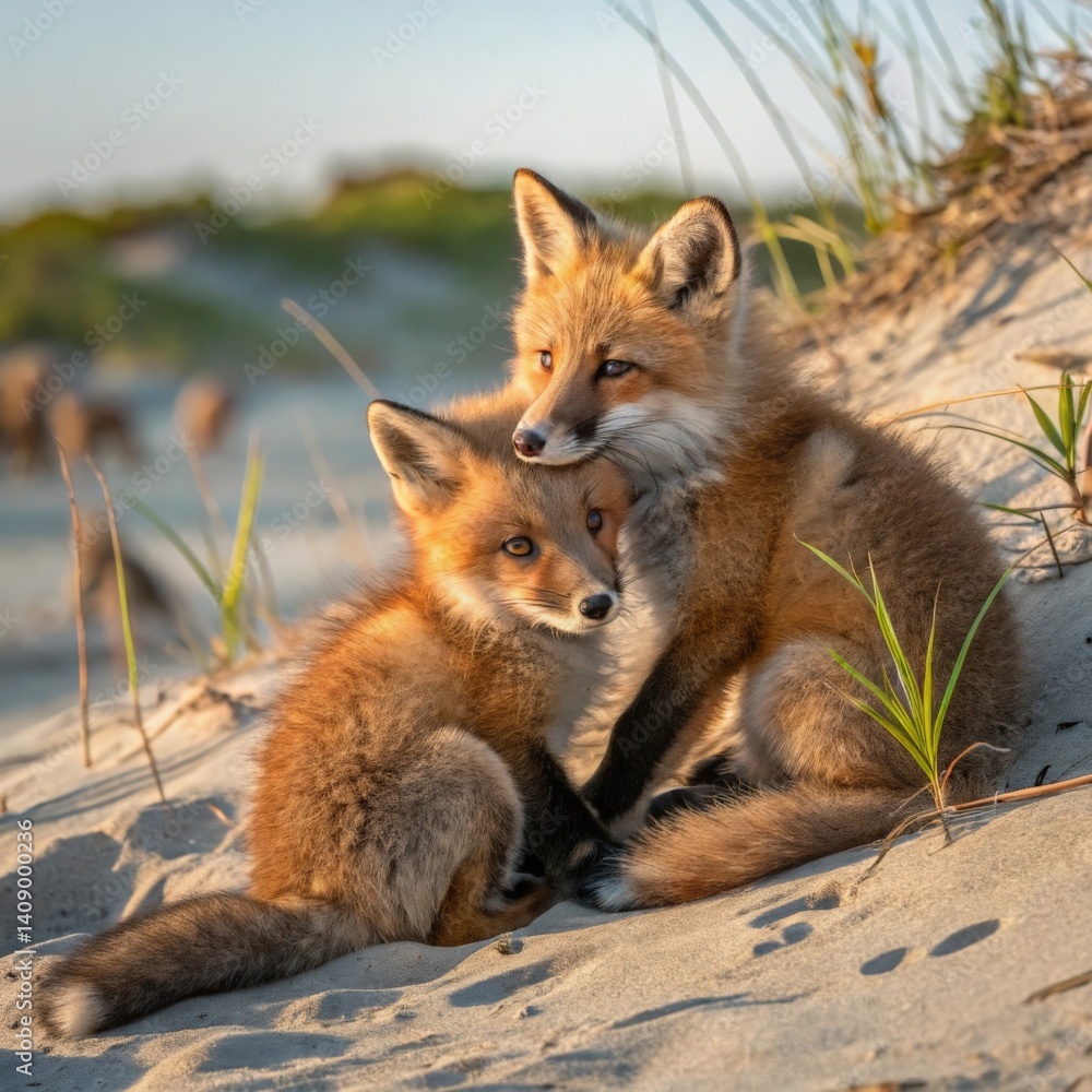 Wild cubs of red foxes cuddle on the beach Wild cubs of red foxes cuddle on the beach