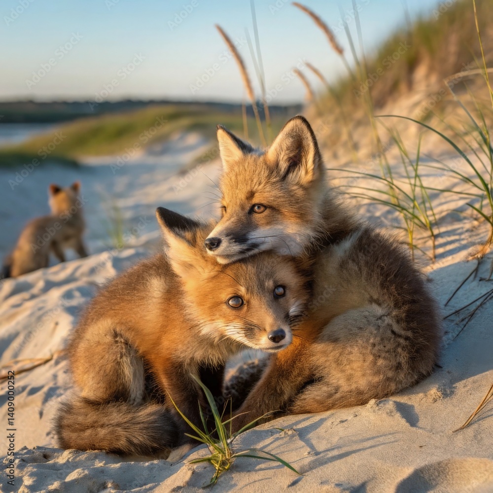 Fototapeta premium Wild cubs of red foxes cuddle on the beach