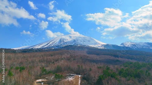 Snow-Capped Mount Asama and Forest in Early Spring – Aerial View in Nagano, Japan