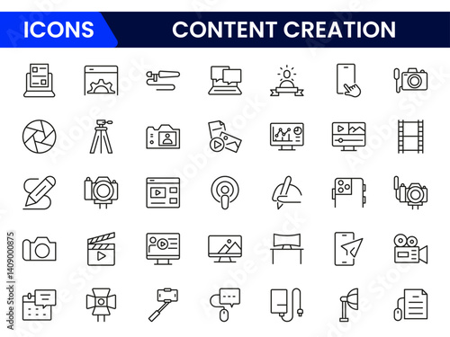 Vector illustration web line icon collection representing content creators—microphone, camera, video editing, social media, influencer tools, streaming, creativity, blogging, branding, and digital