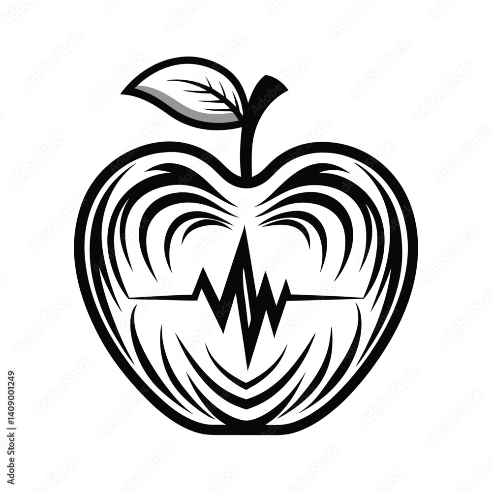 Apple Silhouette with Heartbeat Line, Healthy Lifestyle, Black and White Medical Symbol Apple Silhouette with Heartbeat Line, Healthy Lifestyle, Black and White Medical Symbol