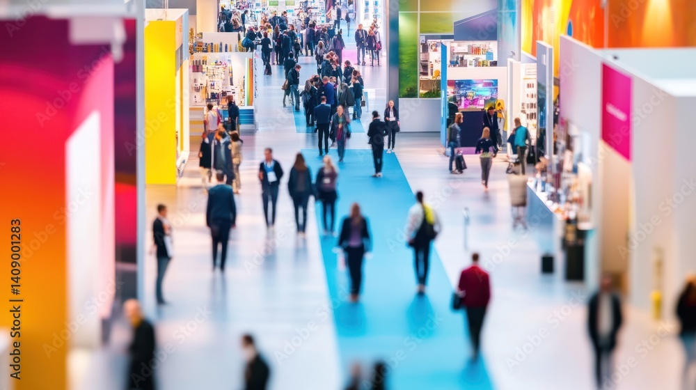 A bustling trade show featuring diverse booths and enthusiastic attendees navigating the vibrant exhibition space. A bustling trade show featuring diverse booths and enthusiastic attendees navigating the vibrant exhibition space.