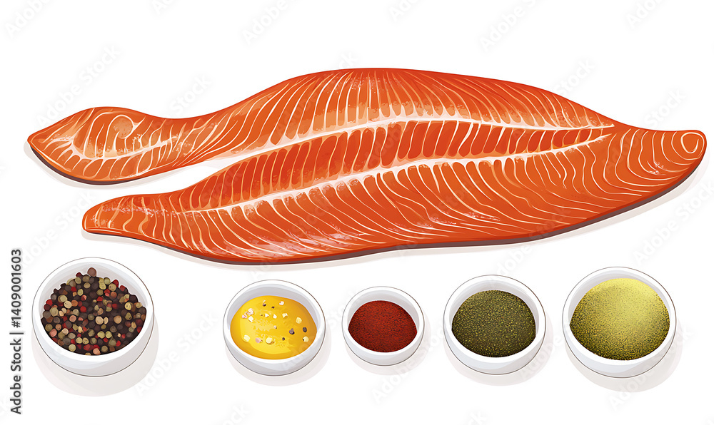 salmon in various forms and production processes, from raw cuts and packaging to cooking, serving, and seafood industry scenes. Generative AI Illustration