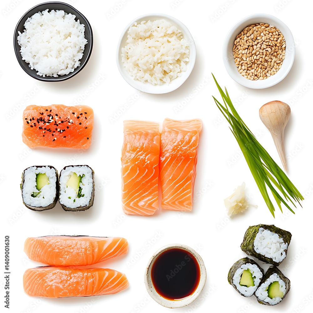 salmon in various forms and production processes, from raw cuts and packaging to cooking, serving, and seafood industry scenes. Generative AI Illustration