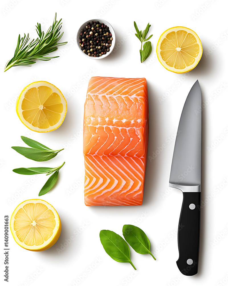 salmon in various forms and production processes, from raw cuts and packaging to cooking, serving, and seafood industry scenes. Generative AI Illustration